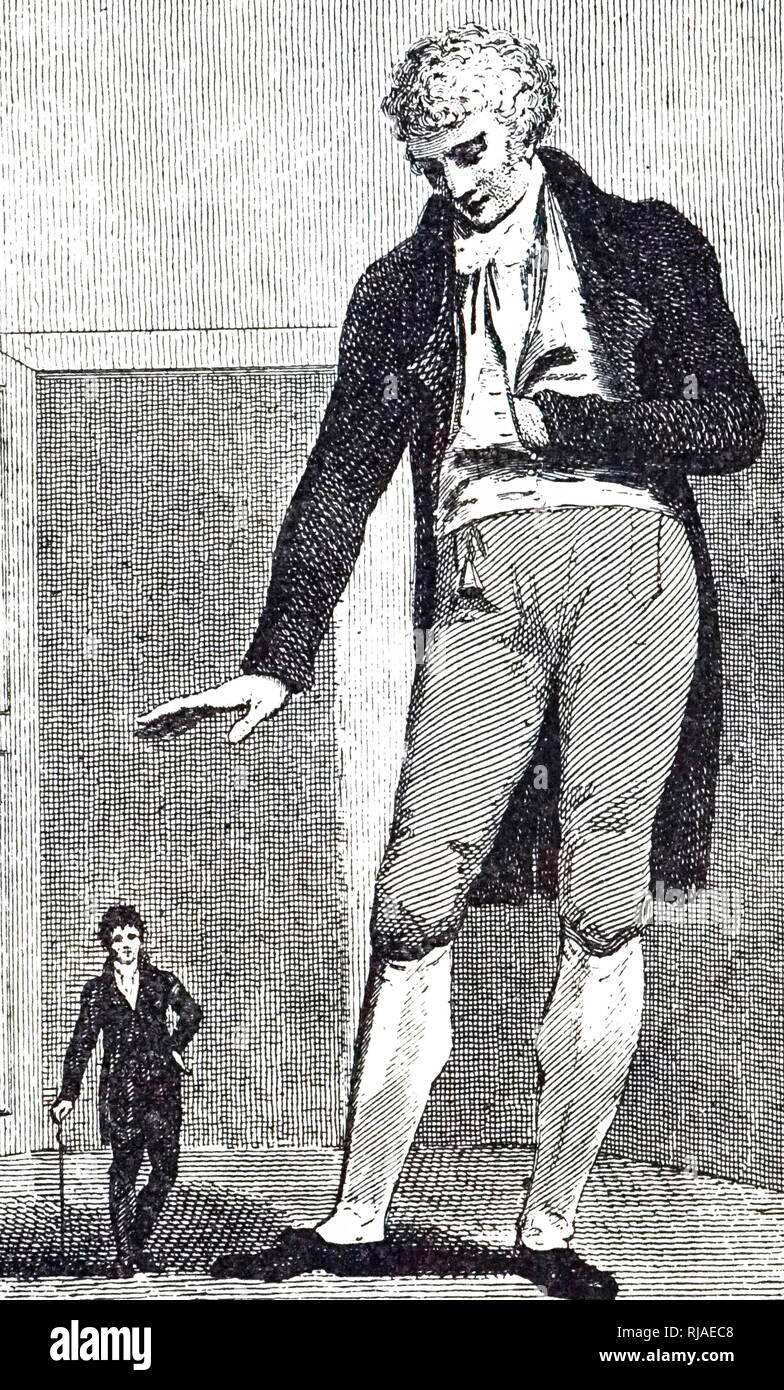 Abbildung: Joseph Boruwalski und riesigen Patrick Splint O'Brien 1805. Patrick O'Brien (1760-1806), geborene Patrick Splint in Kinsale, Irland im Jahre 1760, stieg auf die Höhe von über acht Fuß und wurde als der irische Riese und der Bristol Riese bekannt. Der Zwerg Joseph Boruwalski (1739-1837) wurde 1739 in Polen geboren, nahm mit einem lokalen Offiziellen, als er neun Jahre alt war und wurde später von der Gräfin Humiecka erworben. Als er 15 war, nahm sie ihn nach Wien, und im Jahre 1760 nach Paris, wo er seine Karriere als Neugier gestartet. Er wurde zu den künftigen König George IV dargestellt. Stockfoto