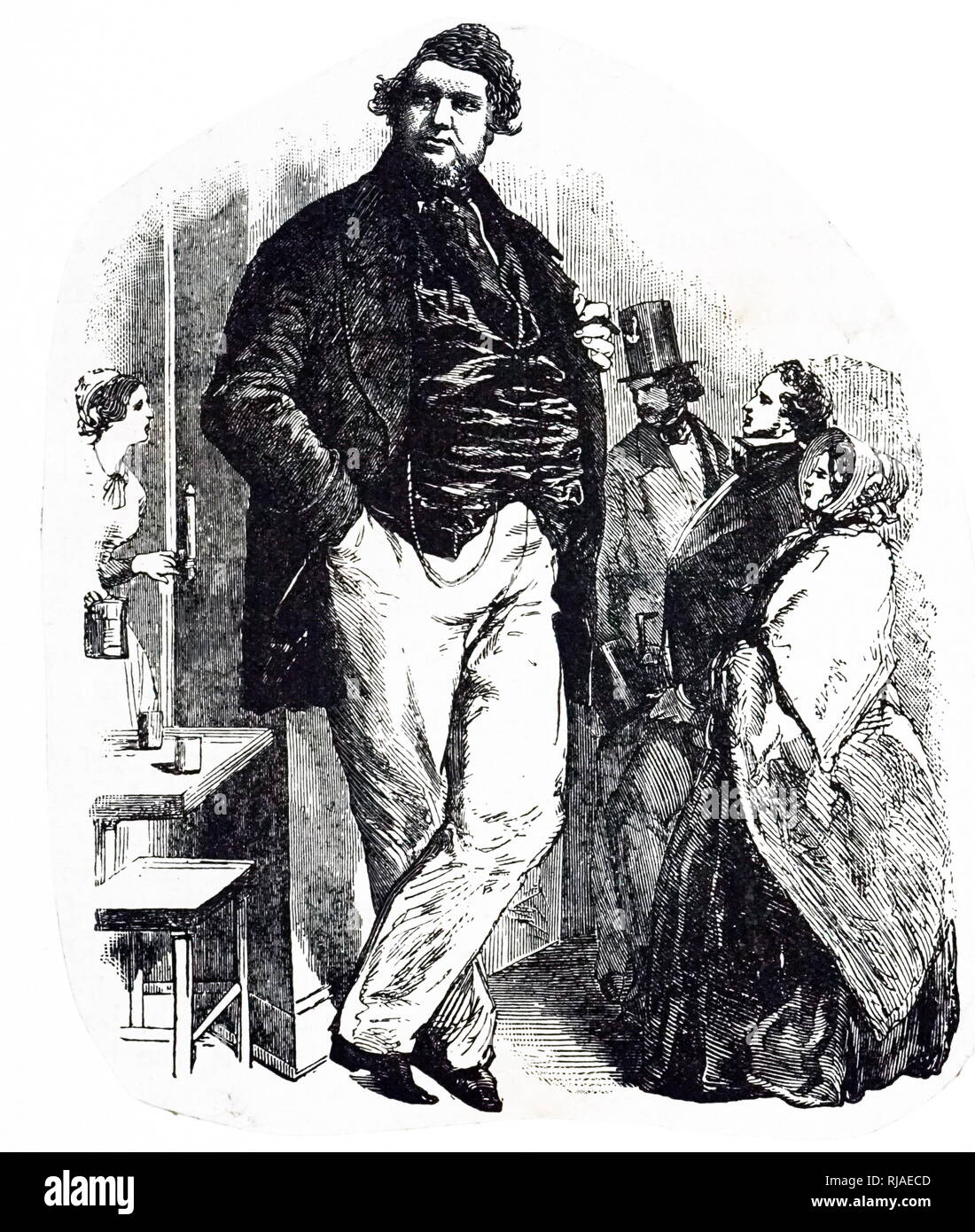 19. jahrhundert Abbildung zeigt, Robert Hales (1820-1863), den Norfolk Riese. In West Somerton in der Nähe von Great Yarmouth, Norfolk, England geboren. Er wuchs bis zu einer Höhe von 7 Fuß 8 Zoll hoch. Sein Gewicht wurde gesagt werden über 32 Stein und seine Brust Messung 64 Zoll war. Robert Hales ging nach Amerika, wo er P.T. met Barnum. Barnum unterzeichnet wurde ihm für seine American Museum und Robert in New York ausgestellt war und wurde als der Norfolk Riese bekannt. Stockfoto