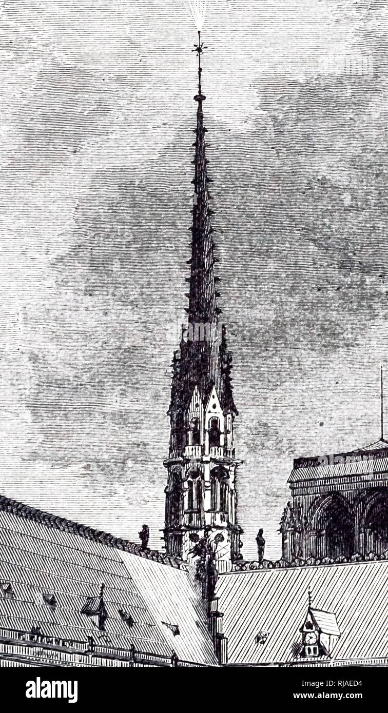 Abbildung: St. Elmo's Fire an der Spitze des Kreuzes auf die Kathedrale Notre Dame, Paris, 1891. St. Elmo's Fire (auch St. Elmo's Licht, ist ein Wetterphänomen, in der leuchtende Plasma erstellt wurde, ist durch eine koronale Entlastung von einem scharfen oder spitzen Gegenstand in einem starken elektrischen Feld in der Atmosphäre (z. B. durch Gewitter erzeugt oder durch einen Vulkanausbruch erzeugt werden). 1883 Stockfoto