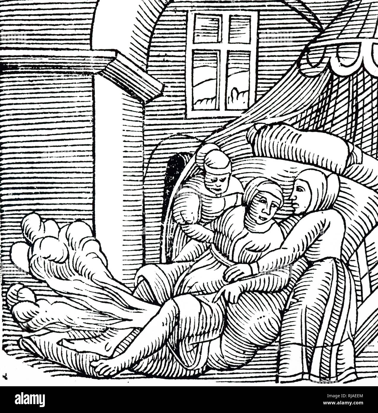 Holzschnitt zeigt eine mittelalterliche oder Renaissance Geburt von zwei Totgeborenen Babys. Die Explosion soll uterine Gase zu sein. Von "Prodigiorum ac ostentorum Chronicon" von Conrad Lycosthenes (Conrad Wolffhart) (8. August 1518 - 25. März 1561), elsässische Humanist und encyclopedist Stockfoto