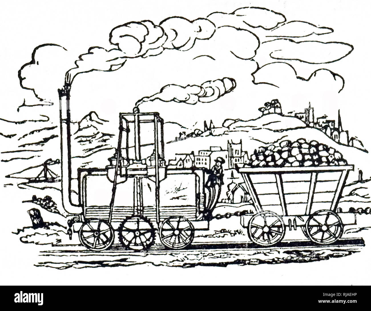 Eine Gravur der Darstellung einer Dampflokomotive gebaut von Matthew Murray für John Blenkinsop und Kohlen von Middleton Colliery nach Leeds zu schleppen. Das mittlere Rad war gezahnt und auf einem Rack Rail gearbeitet. Matthew Murray (1765-1826) ein englischer Dampfmaschine und Maschinenhersteller. John Blenkinsop (1783-1831) ein englischer Bergbau Ingenieur und Erfinder von Dampflokomotiven. Vom 19. Jahrhundert Stockfoto