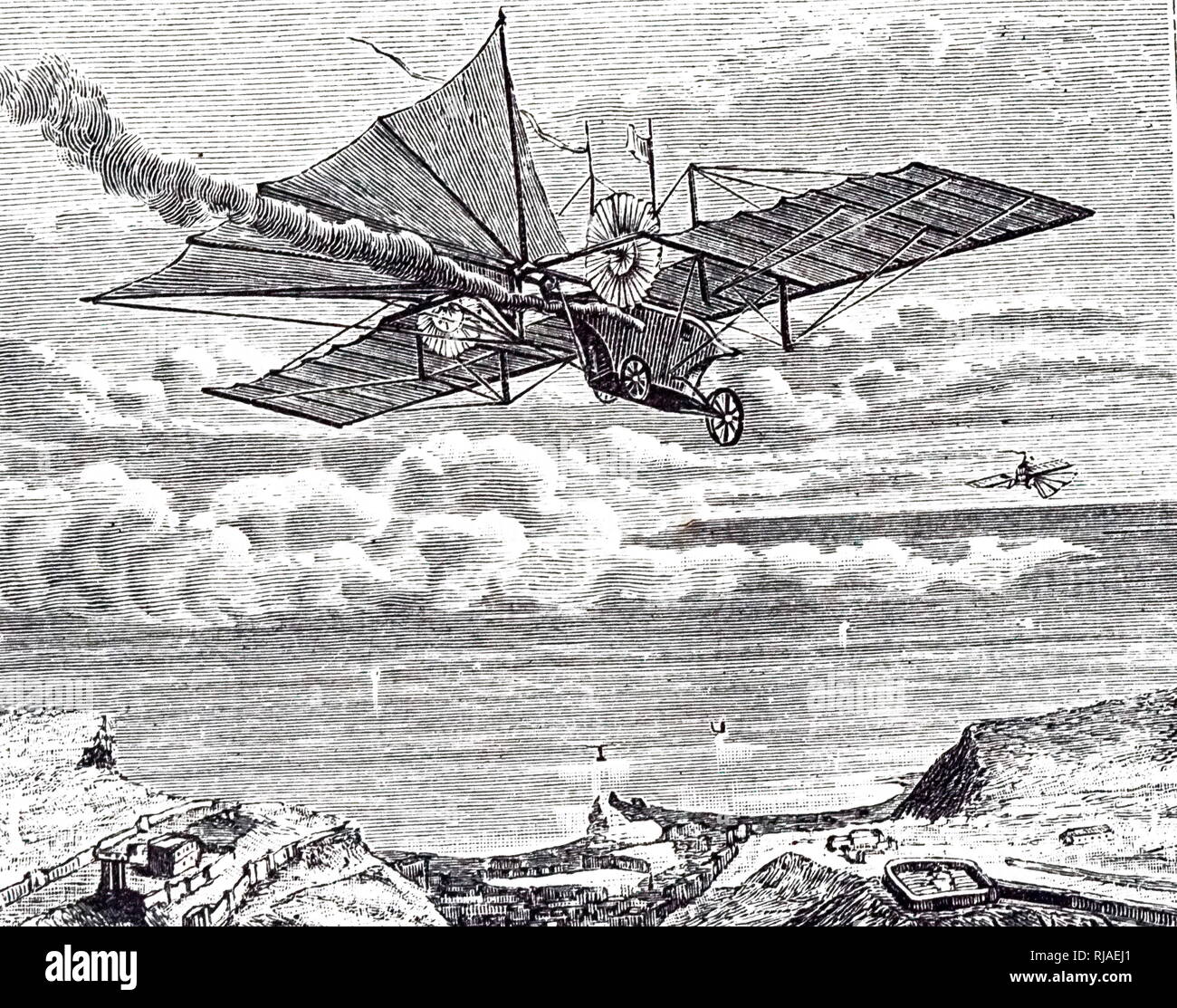 Eine Gravur, William Henson's Design für einen Dampfgetriebenen Flugzeug: 1844. Die schwimmhäute Schwanz war 15 m lang und unter ihm war ein Ruder. Die Dampfmaschine im Auto fuhr zwei Flügel (Objekte wie Bogenschießen Ziele) 20 ft im Durchmesser. Das Gewicht der Maschine 1.360 kg; Wing area 4.500 sq.ft. Vom 19. Jahrhundert Stockfoto