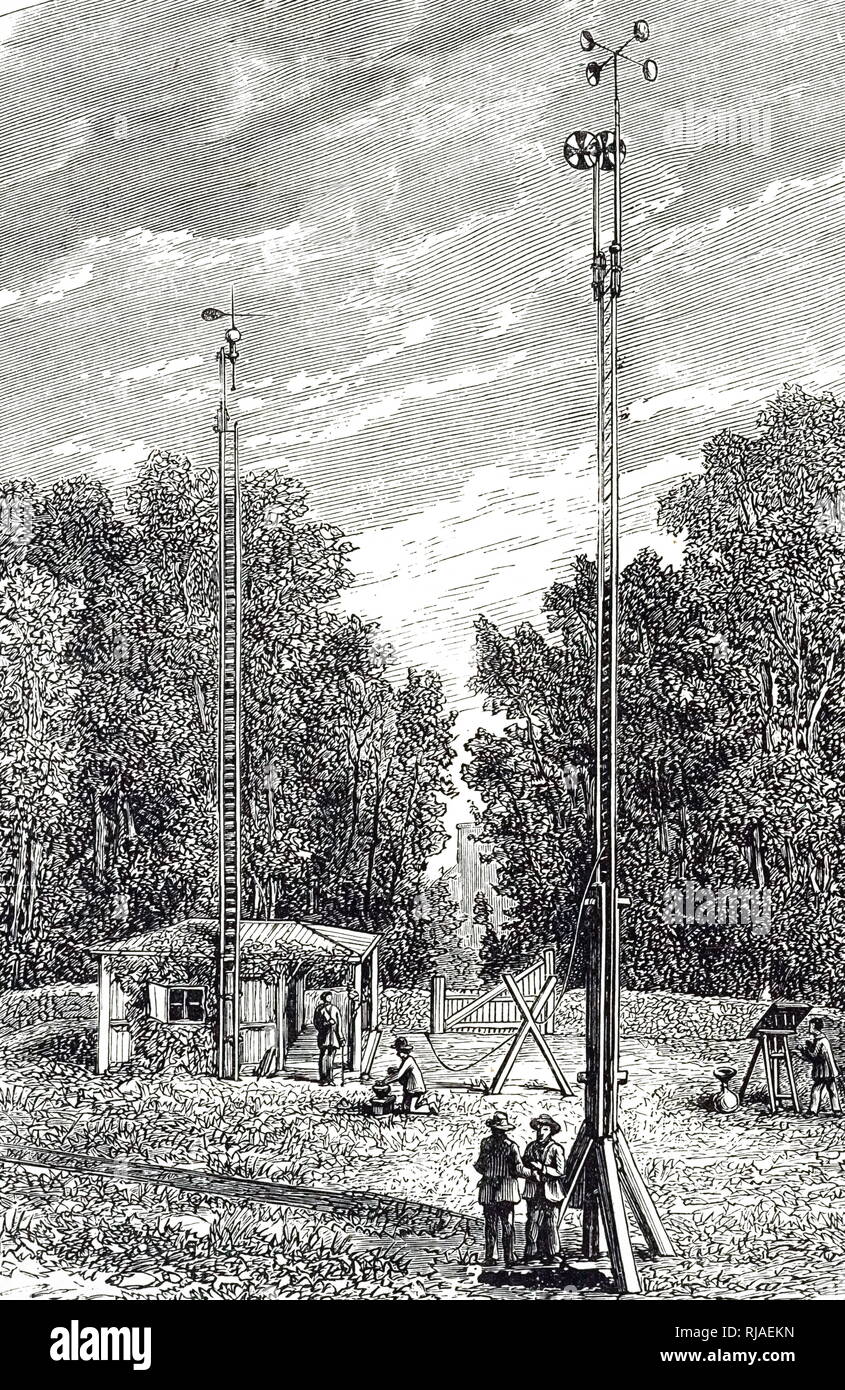 Ein kupferstich mit der Darstellung der Meteorologischen Observatoriums in Saint-Marie-du-Mont, Papiermache, Frankreich. Im Vordergrund ist ein Windmesser mit Robinson's Cups. Vom 19. Jahrhundert Stockfoto