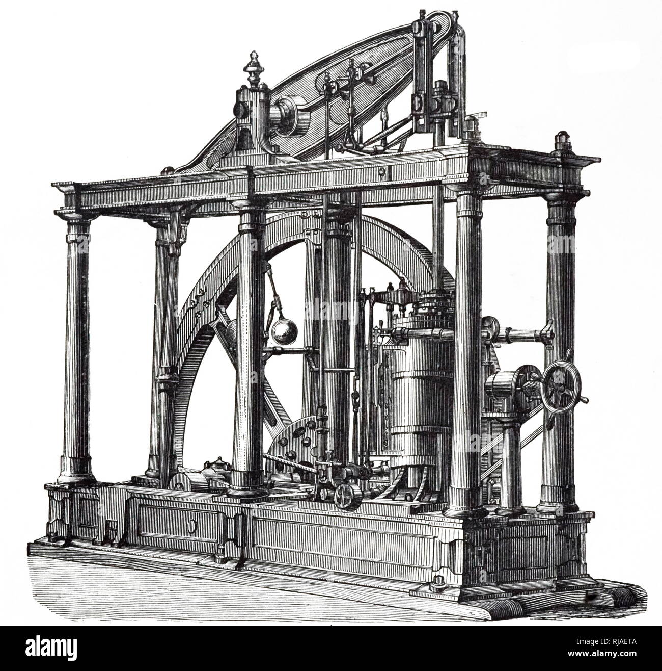 Ein kupferstich mit der Darstellung eines beam Engine, eine Art der Dampfmaschine, geeignet für Arbeiten Zuckerfabriken oder ähnliche schwere Maschinen. Vom 19. Jahrhundert Stockfoto