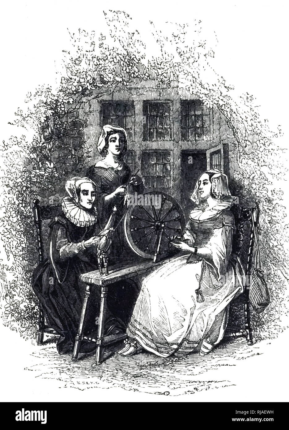 Eine Gravur, ein Spinnrad mit einem Flyer. Vom 19. Jahrhundert Stockfoto