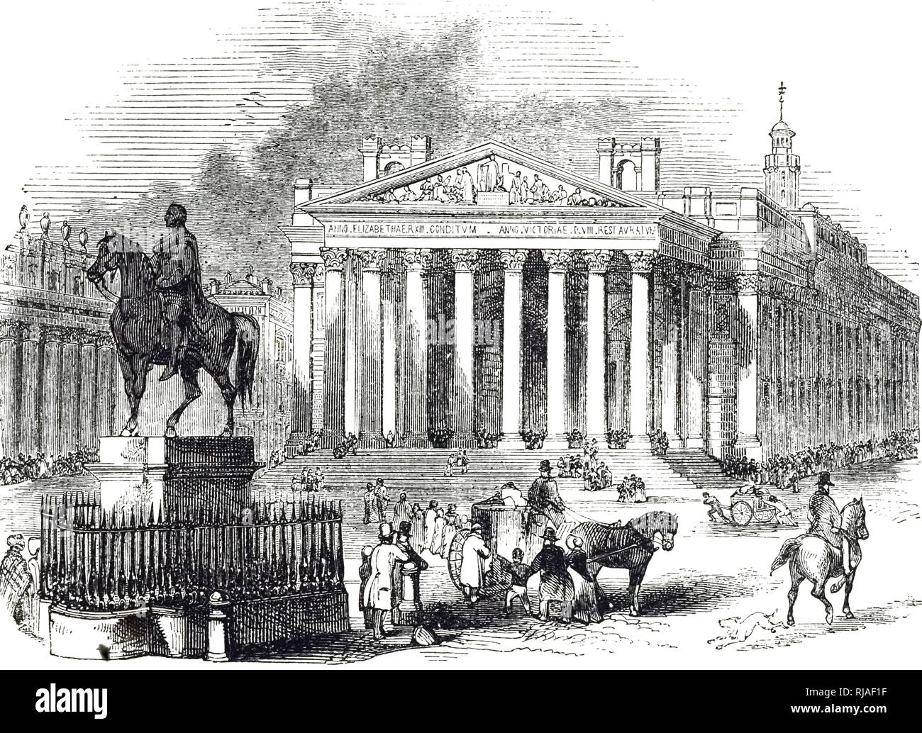Eine Gravur mit einer Ansicht der Royal Exchange in London, im Jahr 1844 eröffnet. Vom 19. Jahrhundert Stockfoto