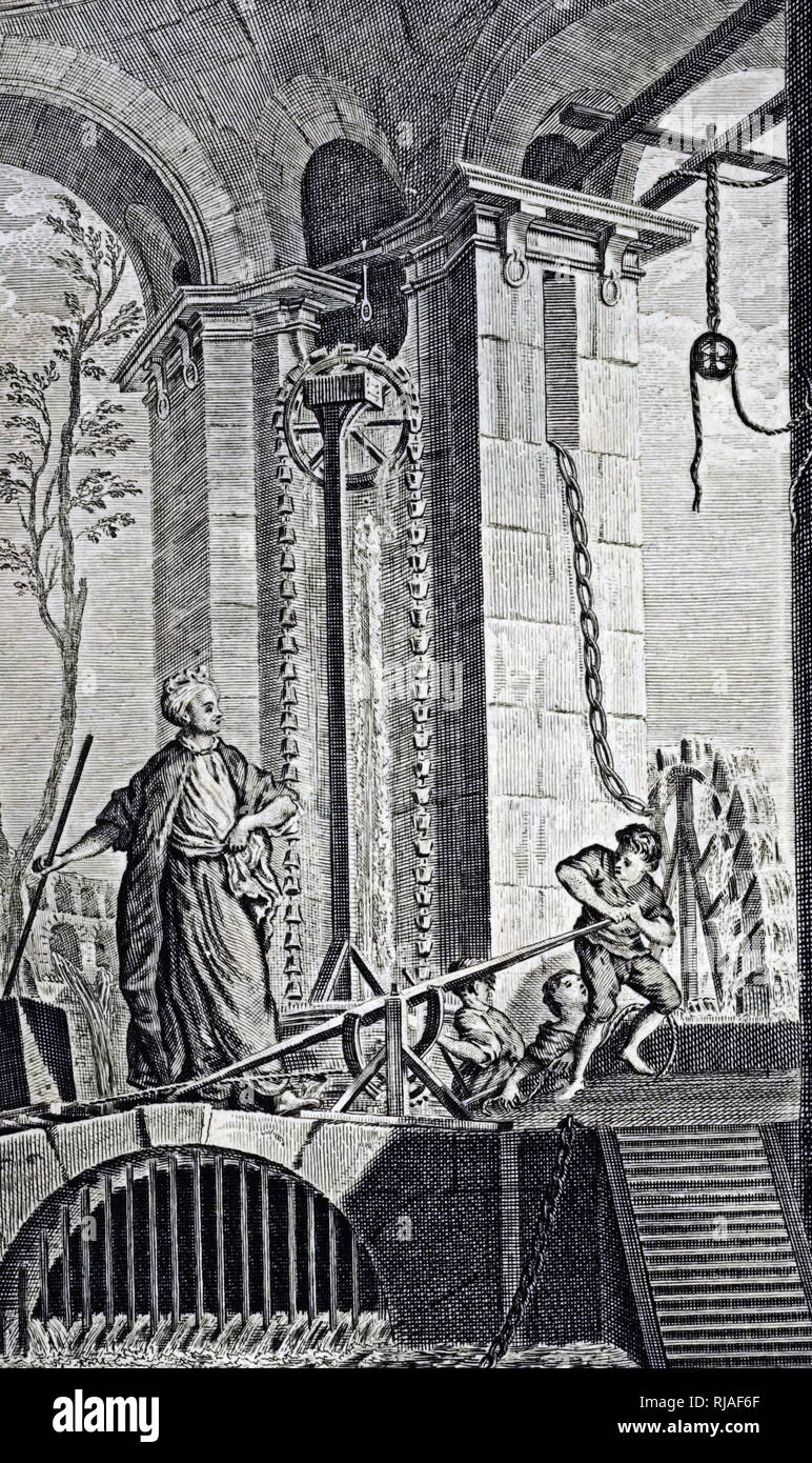 Eine allegorische Frontispiz, Mechanik und Mechanismen. Vom 18. Jahrhundert Stockfoto