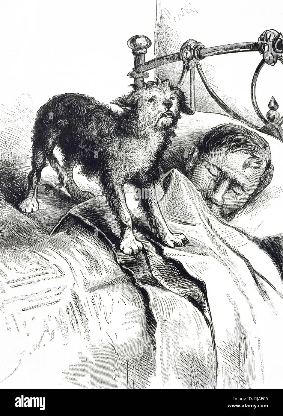 Eine Gravur, ein Hund heult seinen Meister zu wecken, weil ein Brand im Haus begonnen hat. Vom 19. Jahrhundert Stockfoto