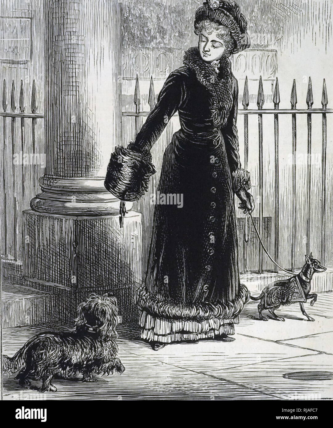 Eine Gravur, eine Dame mit einem modischen "toy" Hund. Sie versucht, eine unerwünschte Follower zu entmutigen. Vom 19. Jahrhundert Stockfoto