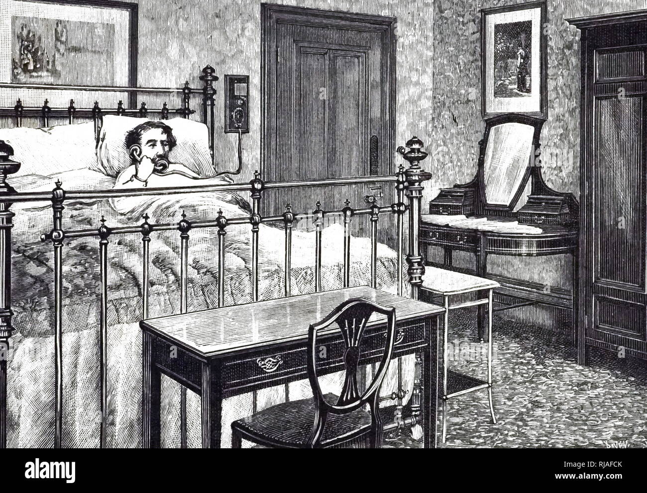 Ein kupferstich mit der Darstellung eines Hotel Schlafzimmer mit einem Telefon ausgestattet. Vom 19. Jahrhundert Stockfoto