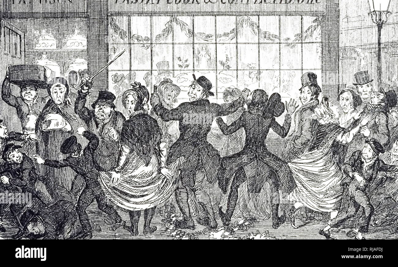 Eine Karikatur, die Straßenkindern Verwüstung in der Masse außerhalb einer confiseur und Konditor shop auf die Zwölfte Nacht. Mit Ill. von George Cruikshank (1792-1878) ein britischer Karikaturist und Illustrator. Vom 19. Jahrhundert Stockfoto