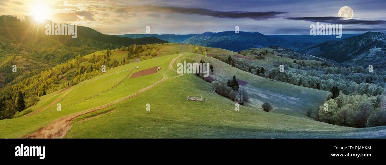 Panorama von Tag und Nacht Zeit ändern oben Landschaft. Weg die Grasbewachsenen ländlichen Hügeln Rollen in der Ferne. ridge unter bedecktem Himmel wi Stockfoto