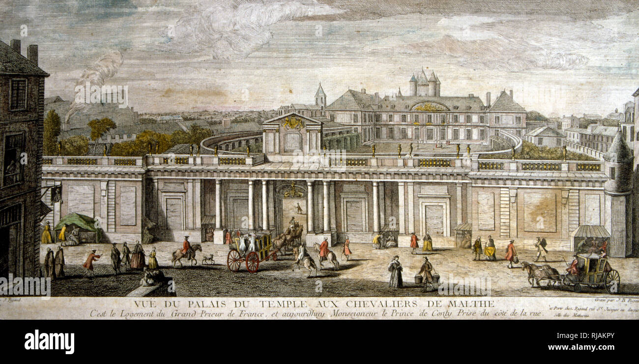 Der Tempel, Paris, Frankreich; 1750. Den Square du Temple steht an der Stelle einer mittelalterlichen Festung in Paris, von den Templern erbaut. Teile der Burg wurden später als Gefängnis während der Französischen Revolution, und dann von der Mitte des 19. Jahrhunderts abgerissen Stockfoto