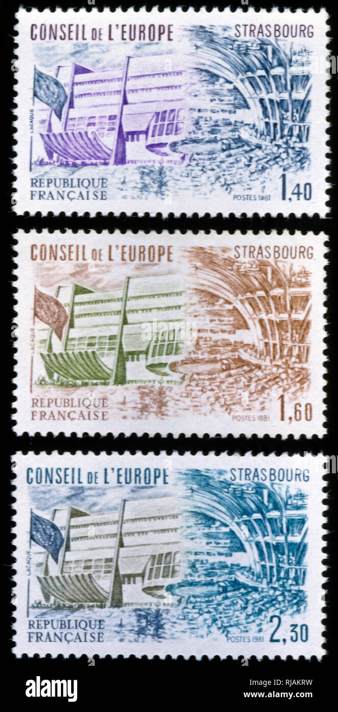 Französische Briefmarken zum Gedenken an den Europarat 1982. Der Europarat (Conseil de l'Europe), ist eine Internationale Organisation, deren erklärtes Ziel ist es, die Menschenrechte, die Demokratie und die Rechtsstaatlichkeit in Europa zu wahren. 1949 gegründet, hat 47 Mitgliedstaaten, umfasst ca. 820 Millionen Menschen Stockfoto