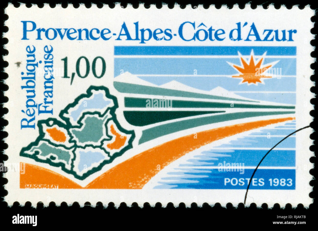 Französische Briefmarke mit der Darstellung der französischen Küstenregion Côte-d'Azur. 1983 Stockfoto