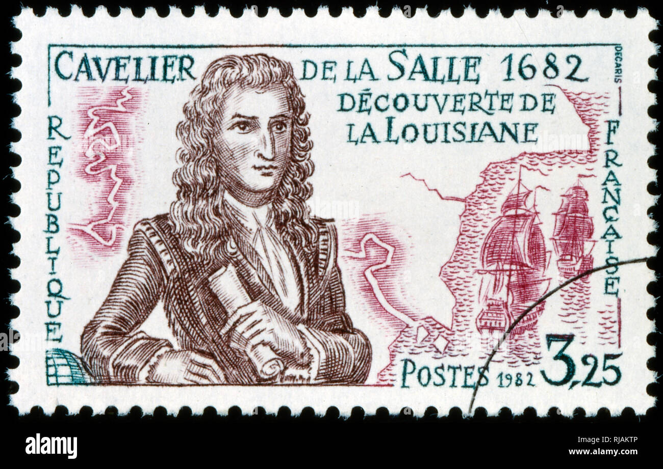 Französische Briefmarke feiern Rene-Robert Cavelier, Sieur de La Salle, oder Robert de La Salle (November 22, 1643 - März 19, 1687) ein französischer Entdecker. Er erforschte die Region der Großen Seen in den USA und Kanada, den Mississippi River und dem Golf von Mexiko. Stockfoto