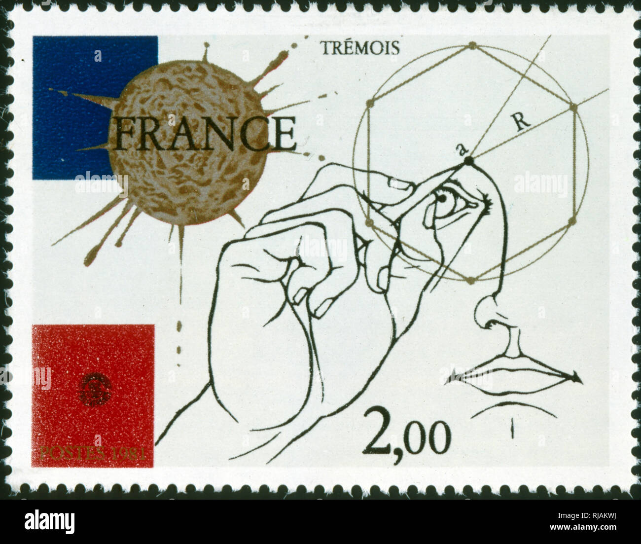 Französische Briefmarke zum Gedenken an Pierre-Yves Tremois (8. Januar 1921 in Paris geboren), ein französischer Künstler und Bildhauer. Er ist für eindrucksvolle Werke zeichnen in gleichen Anteilen auf den Surrealismus und Wissenschaft Abbildung bekannt Stockfoto