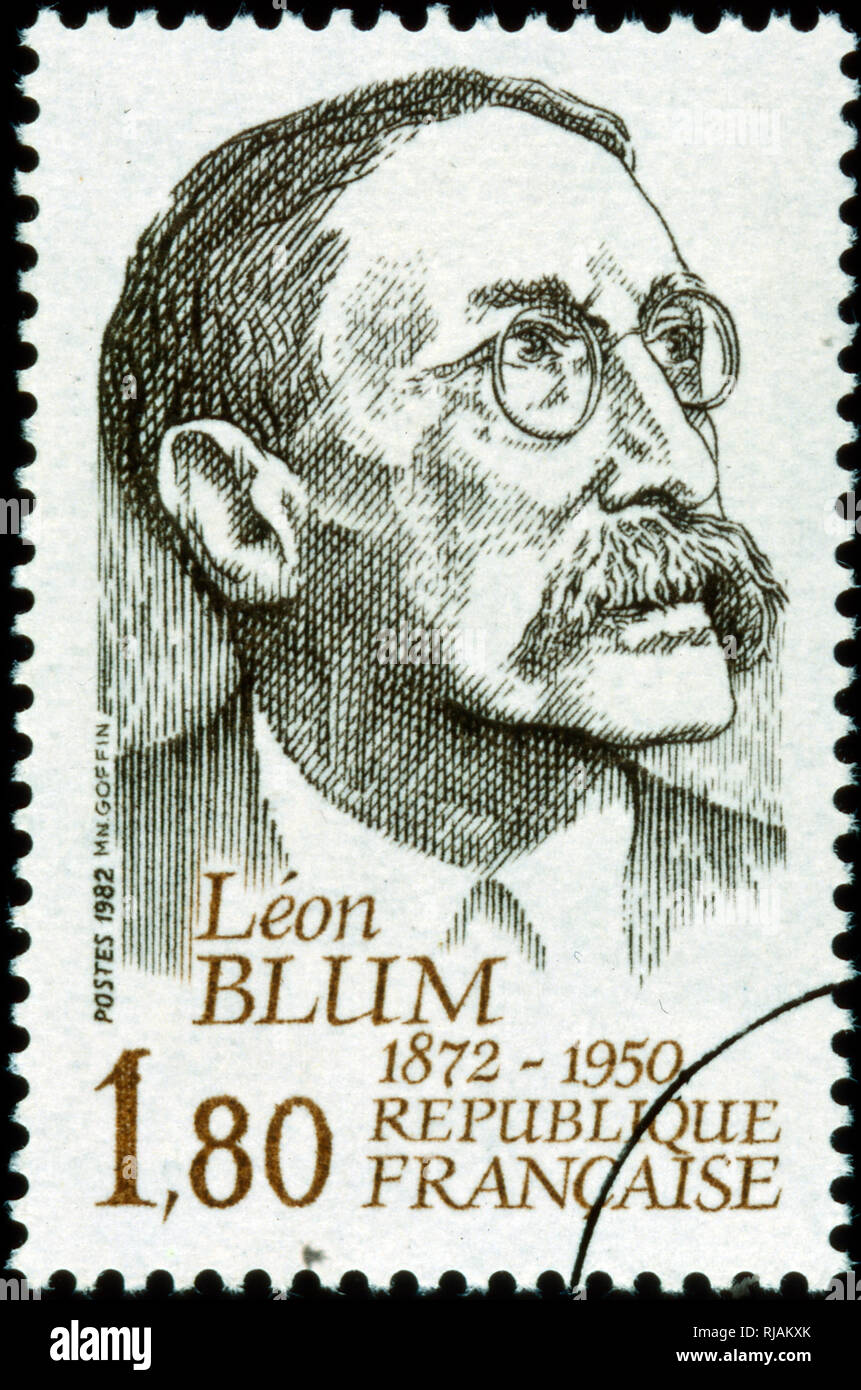Französische Briefmarke zum Gedenken an Andre Leon Blum (1872 - 1950); französischer Politiker, mit den gemäßigten Linken identifiziert, und drei Mal Premierminister von Frankreich Stockfoto