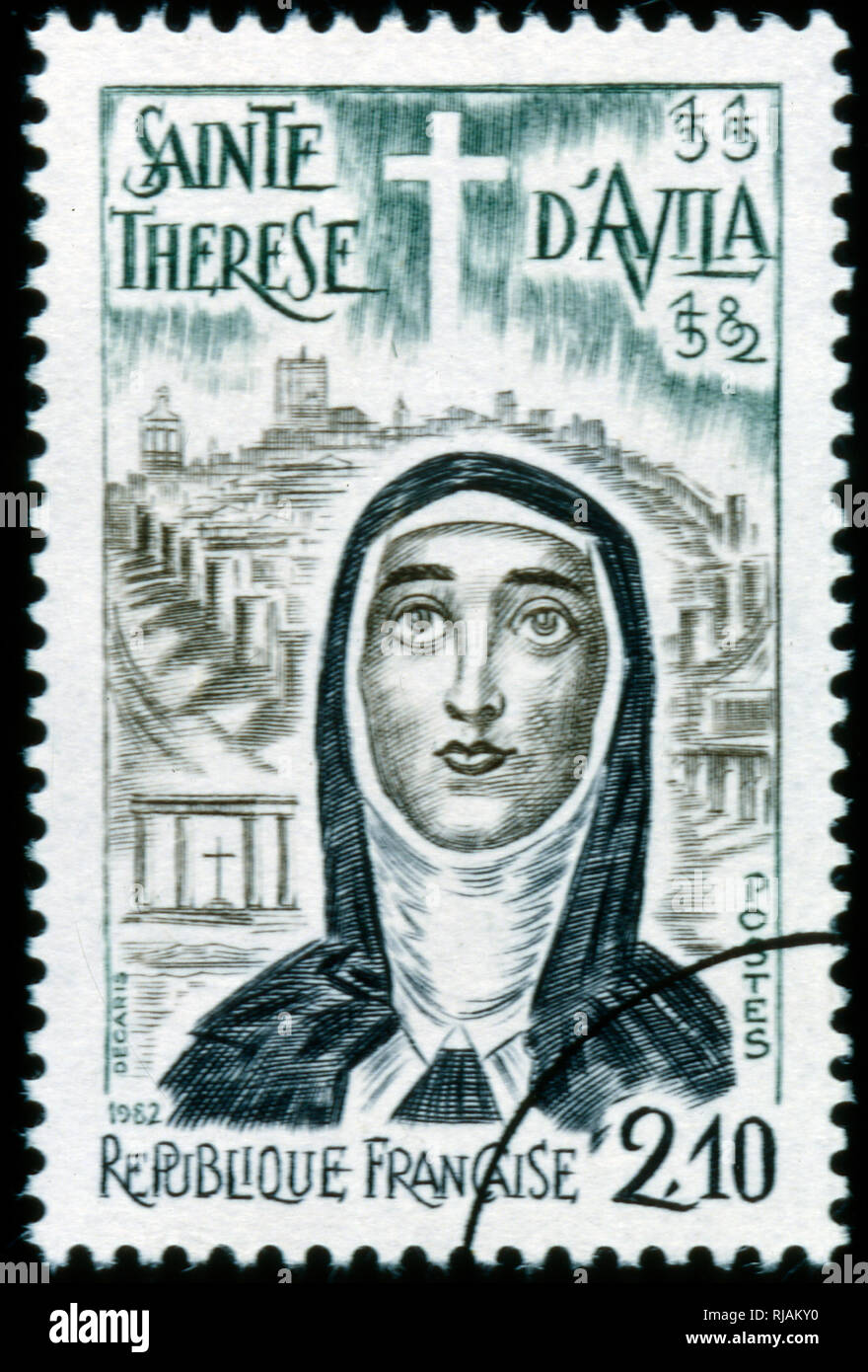 Französische Briefmarke zum Gedenken an die heilige Theresa von Avila, auch genannt der hl. Teresa von Jesus, (28. März 1515 - vom 4. Oktober 1582), spanische Mystikerin, Römisch-katholische Heilige, Karmelitin und Thema während der Gegenreformation, und Theologe des kontemplativen Lebens durch mentale Gebet. Sie war ein Reformer in der Orden der Karmeliter von ihrer Zeit und die Bewegung sie Initiierte, später durch den Hl. Johannes vom Kreuz, führte schließlich zur Gründung der Unbeschuhten Karmeliten, obwohl weder Sie noch John lebendig waren, wenn die beiden Bestellungen getrennt. Stockfoto