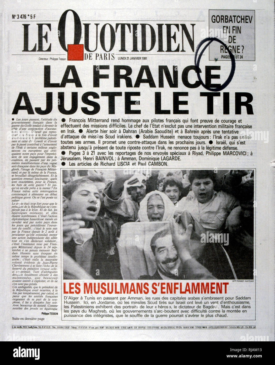 Schlagzeile in "Le Quotidien" einer französischen Zeitung, 21. Januar 1991 betreffend den Verlust der französischen Piloten im Golfkrieg (2. August 1990 - 28. Februar 1991). Unter dem Codenamen Operation Desert Shield und Desert Storm, den Krieg durch die Streitkräfte der Koalition aus 35 Nationen von den Vereinigten Staaten gegen den Irak als Reaktion auf die irakische Invasion und Annexion Kuwaits geführt. Stockfoto