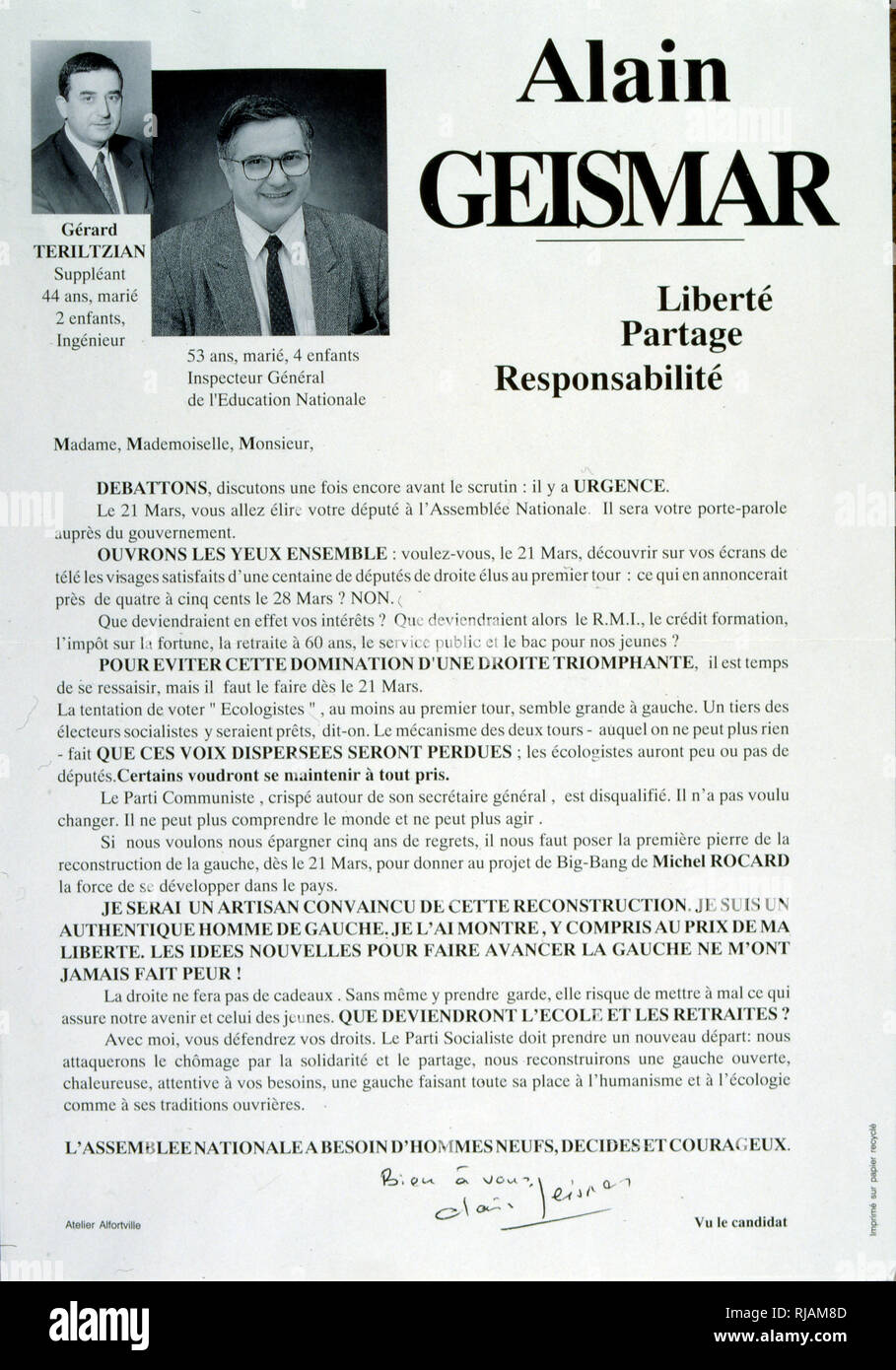 Wahlplakat für Kandidaten, Alain Geismar, für die Französische Nationalversammlung 1993 Stockfoto