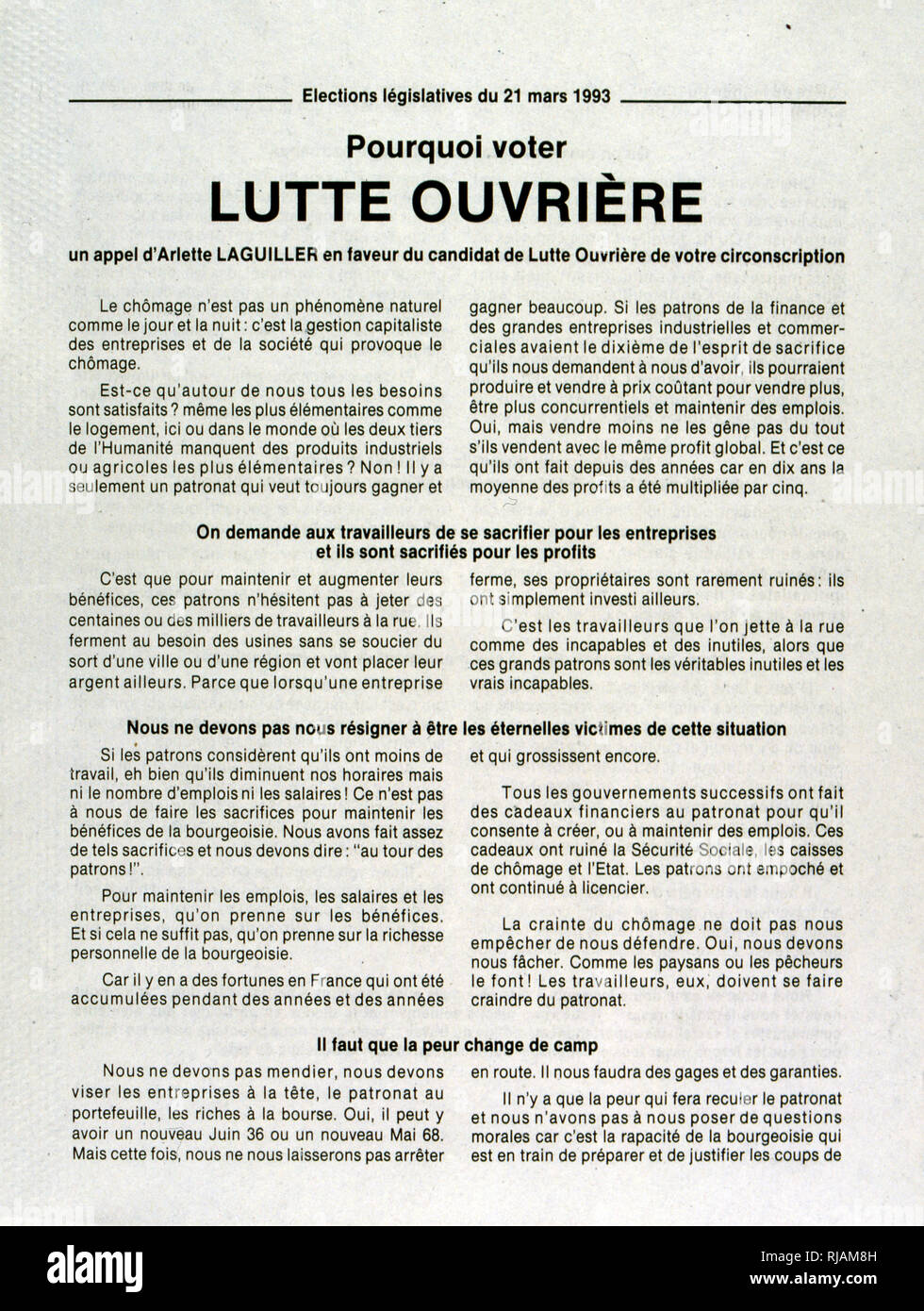 Wahlplakat für Kandidaten, Arlette Laguiller (Arbeiterkampf), für die Französische Nationalversammlung 1993 Stockfoto