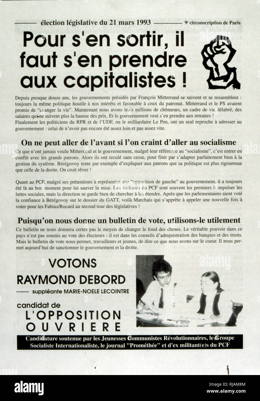 Kommunistischen Partei Wahlplakat für französische Nationalversammlung 1993 Stockfoto