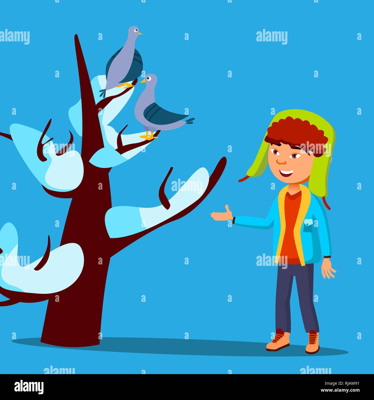 Kind Im Winter Kleidung Sieht Bis Zu Ein Vogel Sass Oben Auf Der Snow Covered Baum Vektor Isolierte Abbildung Stock Vektorgrafik Alamy