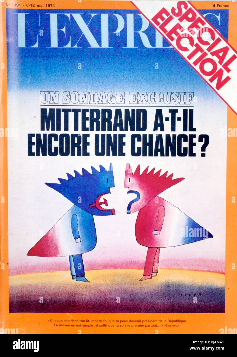 Abdeckung der französischen Zeitschrift "L'Express" während der Präsidentschaftswahlen in Frankreich im Jahr 1974, nach dem Tod von Präsident Georges Pompidou. Sie gingen in die zweite Runde und wurden von Valery Giscard d'durch eine Marge von 1,6% Estaing gewonnen. Stockfoto