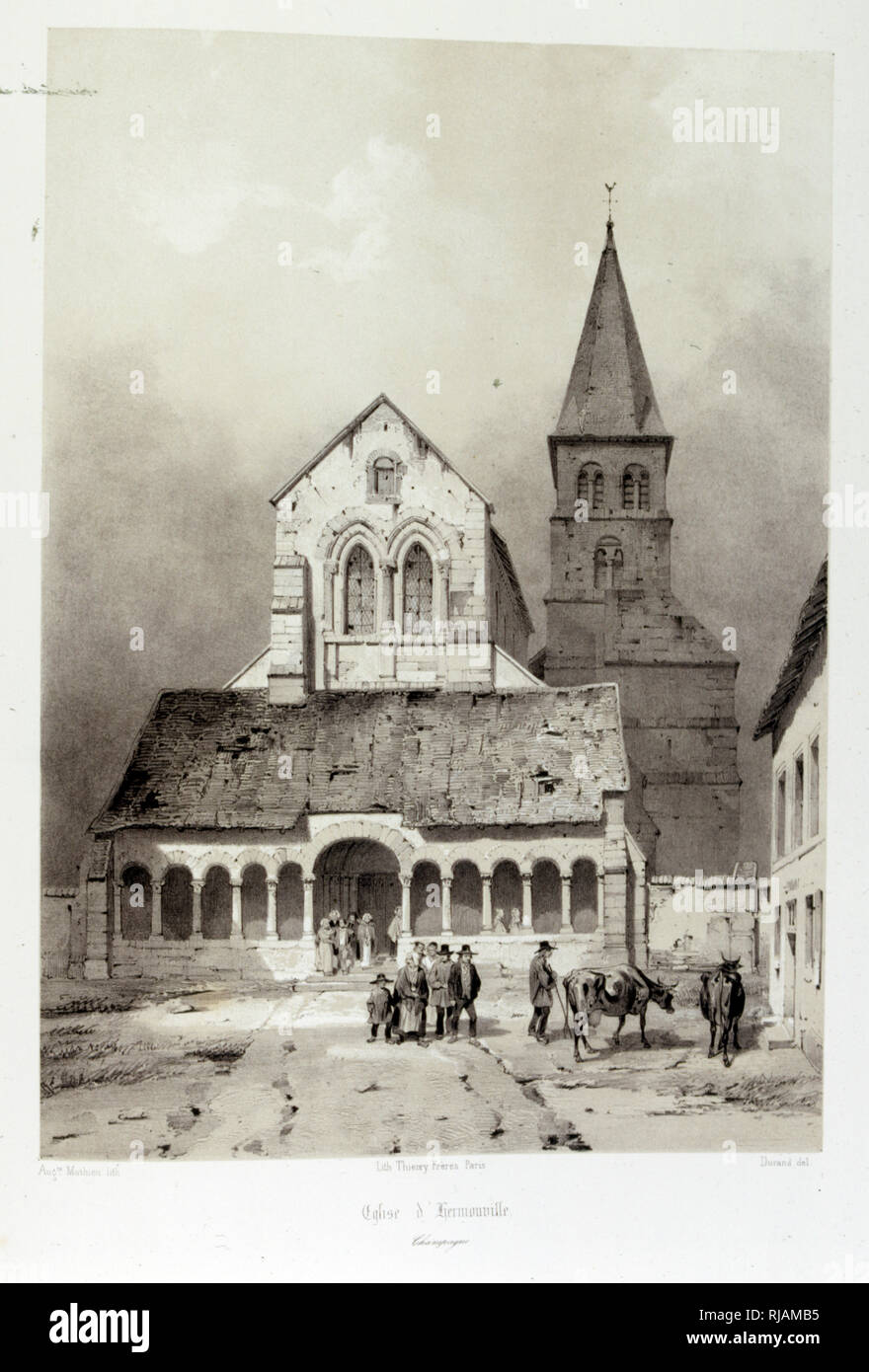 Die Kirche von Saint-Sauveur Hermonville, eine romanische Kirche aus dem zwölften bis dreizehnten Jahrhundert in Hermenonville im Département Marne, Frankreich, 1857, Illustriert in der Voyages pittoresques et Romantiques" (malerische und romantische Reisen im alten Frankreich), von Isidore Taylor, (Baron Taylor) 1857. Stockfoto