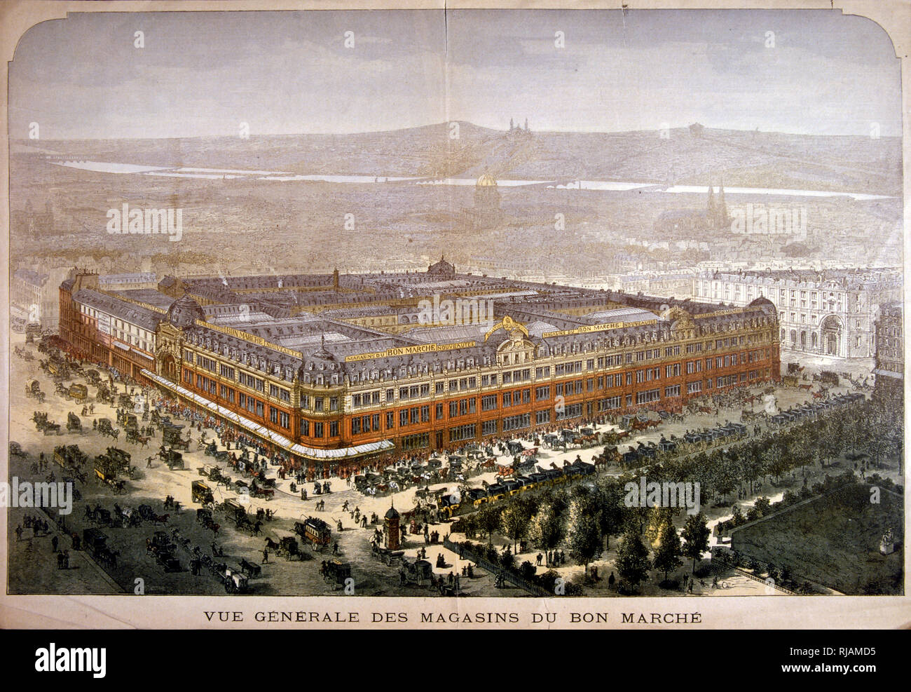 19. Jahrhundert zeigt, Le Bon Marche Kaufhaus, in Paris. 1838 gegründet und erneuerte fast vollständig von Aristide Boucicaut in 1852, es war der erste moderne Department Store. Jetzt das Eigentum von LVMH. Stockfoto