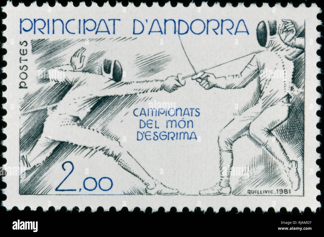 Andoran Briefmarke zum Gedenken an die Welt fechten Meisterschaft 1982 Stockfoto