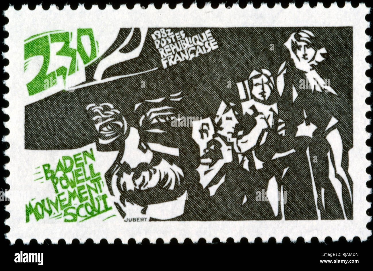 1982, französische Briefmarke markiert das 75-jährige Jubiläum der Pfadfinderbewegung, Robert Baden-Powell gegründet 1907 Stockfoto