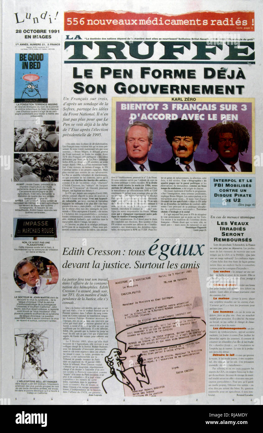 Jean-Marie Le Pen (* 1928), französischer Politiker, Gründer des Front National (Frankreich) auf der Titelseite der französischen Zeitung "Truffe" 1991 dargestellt Stockfoto