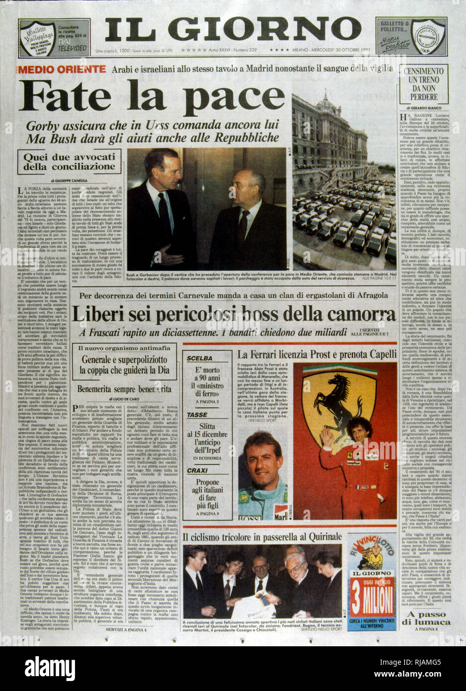 Vordere Seite der italienischen Publikation 'Il Giorno" Berichterstattung über den schwächeren Position von Gorbatschow in der UDSSR und auf der Konferenz von Madrid 1991; eine Friedenskonferenz, vom 30. Oktober bis 1. November 1991 in Madrid stattfand, bewirtet durch Spanien und Co -, die durch die Vereinigten Staaten und die Sowjetunion gefördert. Es war der Versuch, die von der internationalen Gemeinschaft den israelisch-palästinensischen Friedensprozess durch Verhandlungen mit Israel und den Palästinensern sowie den arabischen Ländern, darunter Jordanien, Libanon und Syrien wieder zu beleben. Stockfoto