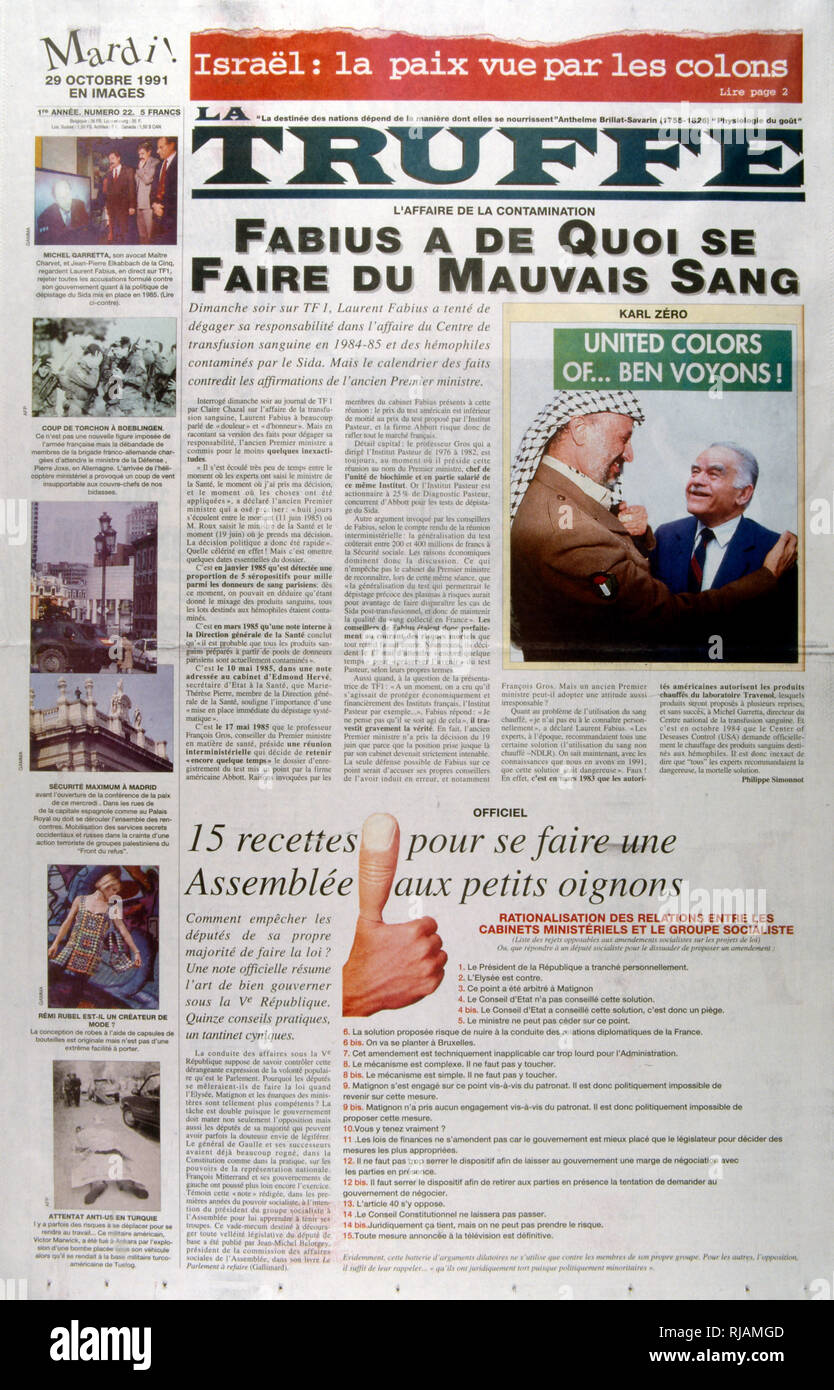 Bericht in einer französischen Zeitung "Truffe" in 1991 über Frankreichs infiziertes Blut Skandal. Das "Centre National de Transfusion Sanguine wissentlich verbreitet Blutprodukte mit HIV-verseuchte Bluter, die in den Jahren 1984 und 1985 Stockfoto