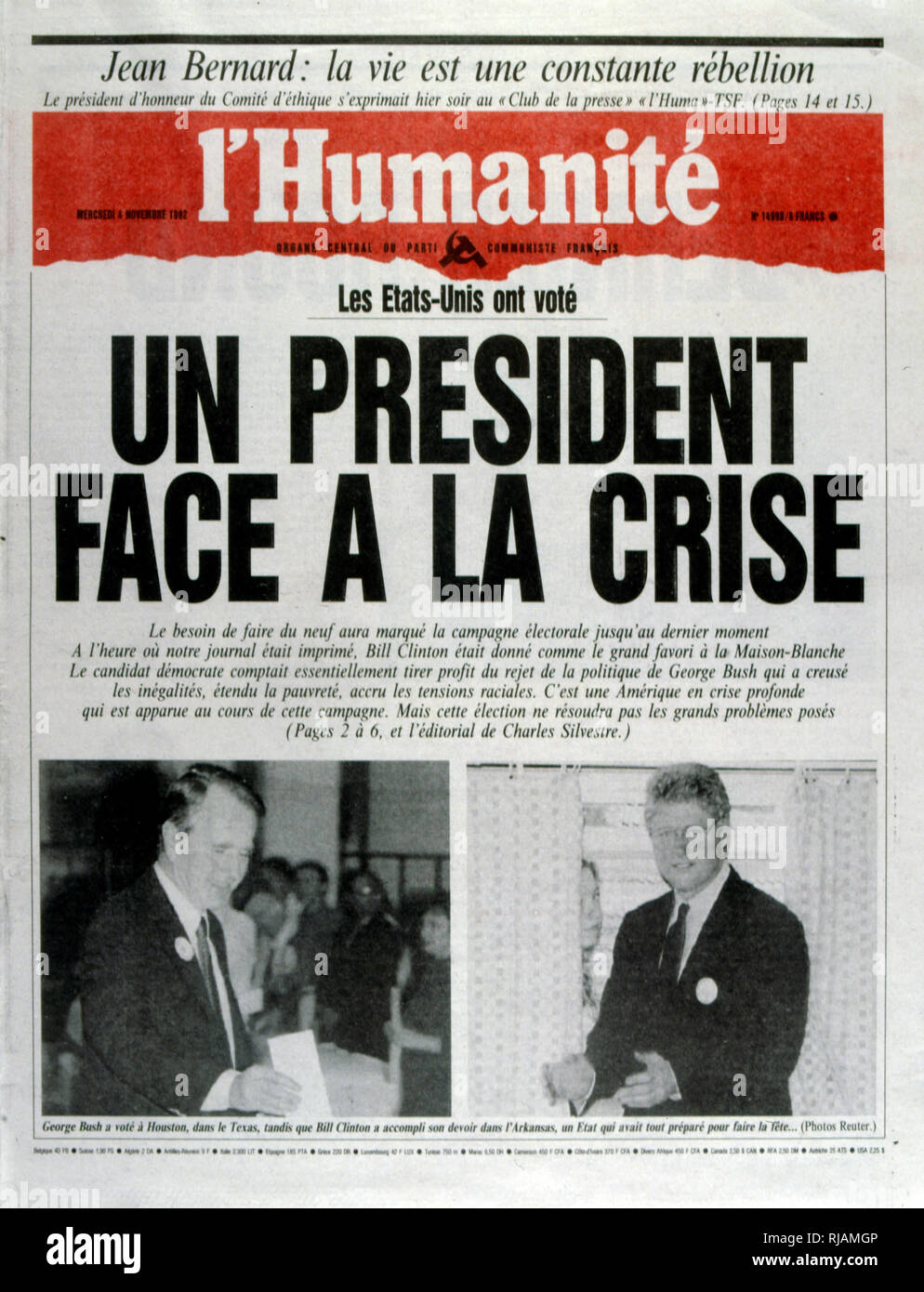 Schlagzeile in der französischen Zeitung "L'Humanité" über die Vereinigten Staaten Präsidentschaftswahl im November 1992. Der amtierende Präsident George Bush verlor gegen Gouverneur Bill Clinton. Stockfoto