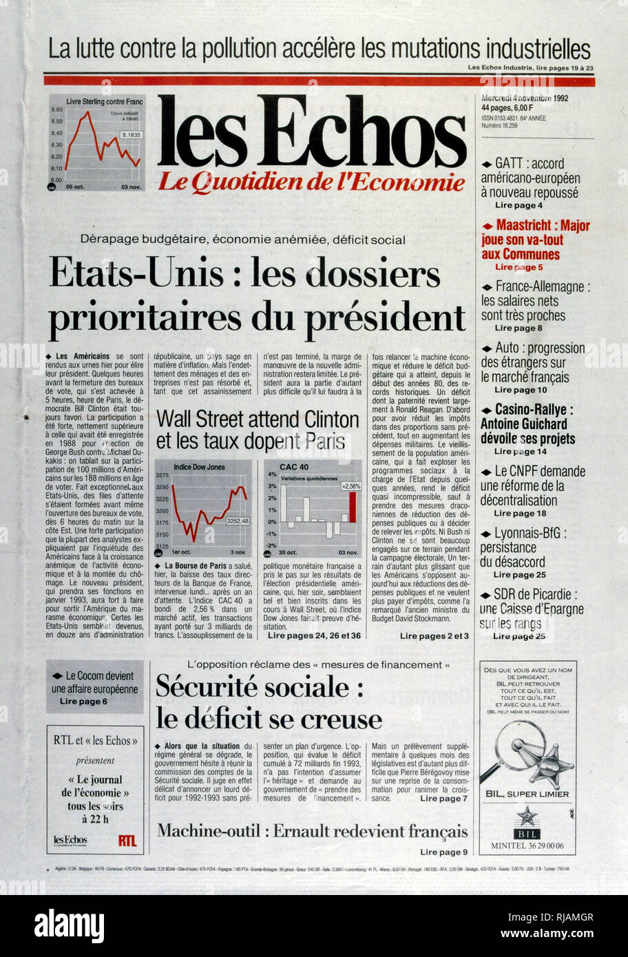 Schlagzeile in der französischen Zeitung "Les Echos" über die wirtschaftlichen Prioritäten für die kommende US-Präsident nach den USA Präsidentschaftswahlen im November 1992. Der amtierende Präsident George Bush verlor gegen Gouverneur Bill Clinton. Stockfoto
