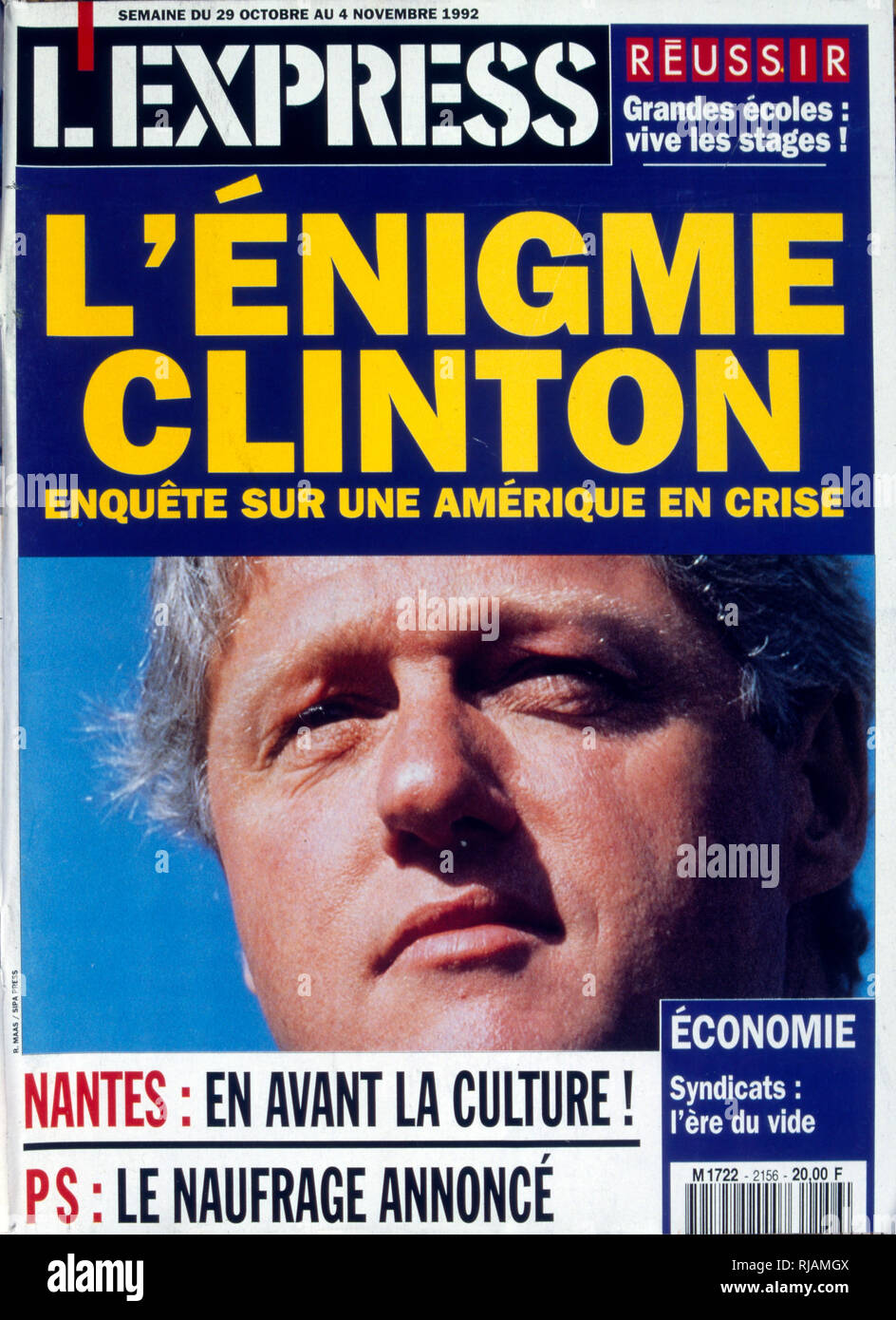 Schlagzeile in der französischen Veröffentlichung "L'Express" über die Vereinigten Staaten Präsidentschaftswahl November 1992 verfügt über die "Enigma" der Gouverneur Bill Clinton. Stockfoto