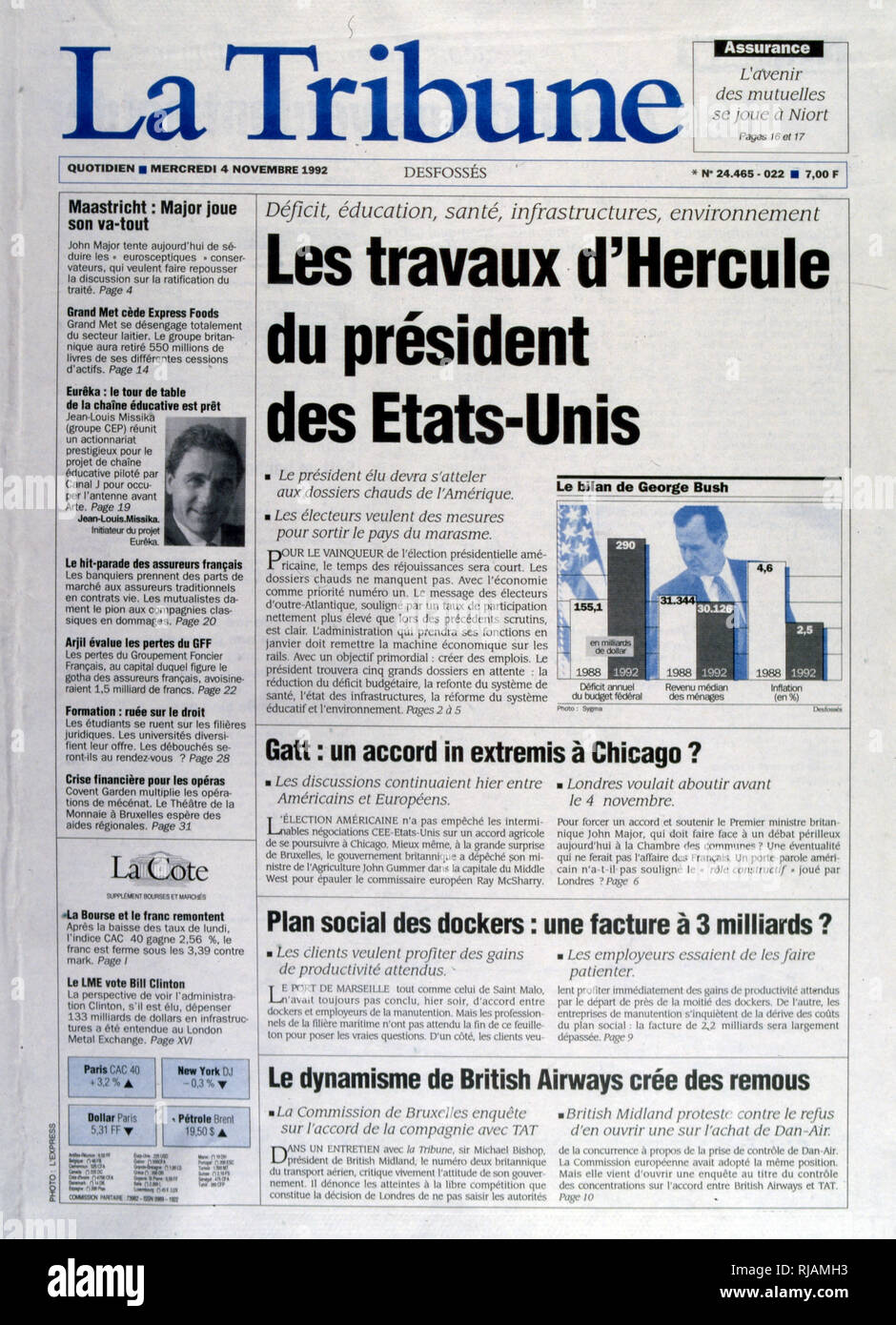 Schlagzeile in der französischen Zeitung "La Tribune" über die wirtschaftlichen Prioritäten für die kommende US-Präsident nach den USA Präsidentschaftswahlen im November 1992. Der amtierende Präsident George Bush verlor gegen Gouverneur Bill Clinton. Stockfoto