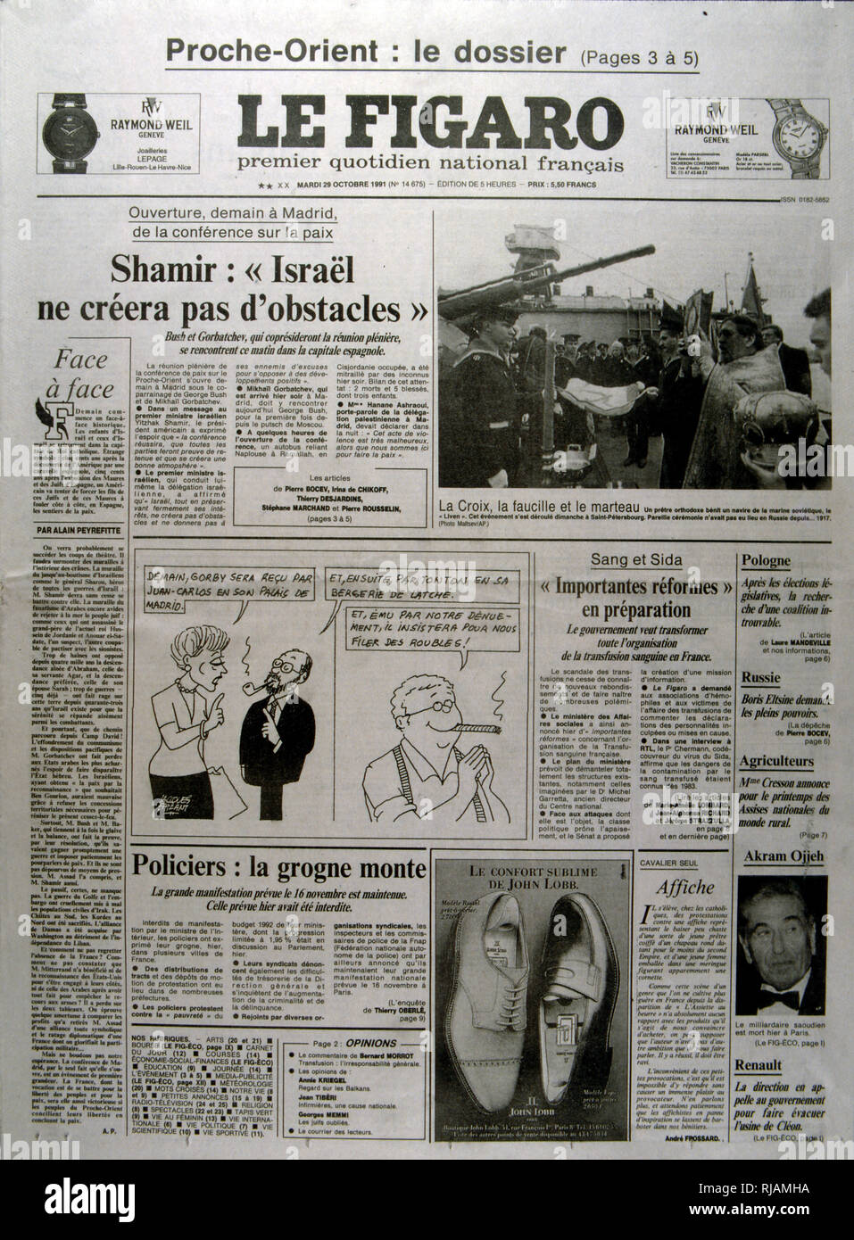 Französische Publikation "Le Figaro" die Berichterstattung über die Konferenz von Madrid; eine Friedenskonferenz, vom 30. Oktober bis 1. November 1991 in Madrid stattfand, bewirtet durch Spanien und Co -, die durch die Vereinigten Staaten und die Sowjetunion gefördert. Es war der Versuch, die von der internationalen Gemeinschaft den israelisch-palästinensischen Friedensprozess durch Verhandlungen mit Israel und den Palästinensern sowie den arabischen Ländern, darunter Jordanien, Libanon und Syrien wieder zu beleben. Stockfoto