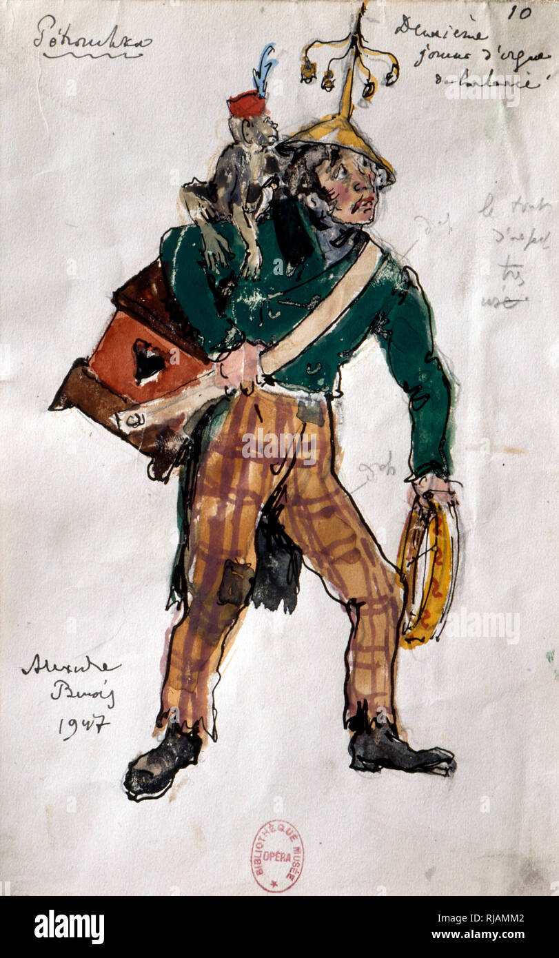 Kostüm Design von Benois, für das russische Ballett "Petruschka" 1910-11. Das Ballett wurde komponiert von Igor Strawinsky. Michel Fokine choreographiert das Ballett; Benois entworfen, die Sets und Kostüme. Petruschka wurde zuerst von Sergei Djagilews Ballets Russes am Theatre du Chatelet in Paris am 13. Juni 1911 durchgeführt. Alexander Nikolajewitsch Benois (1870-1960) war ein russischer Künstler, Kunstkritiker, Historiker, Preservationist und Gründungsmitglied der Mir iskusstva (Welt der Kunst), eine Kunst, Bewegung und Magazin. Stockfoto