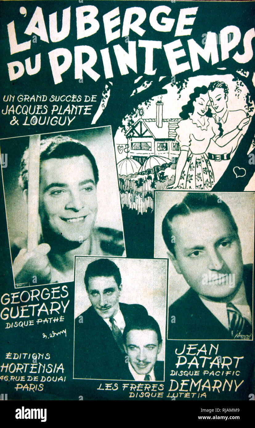 Abdeckung der Französischen songbook für 'L'Auberge du Printemps (die Feder Inn)" von Georges Guetary, 1947 gesungen. Georges Guetary, geboren Lambros Vorloou (1915 - 1997) war ein französischer Sänger, Tänzer, Kabarettisten und Schauspieler, Stockfoto