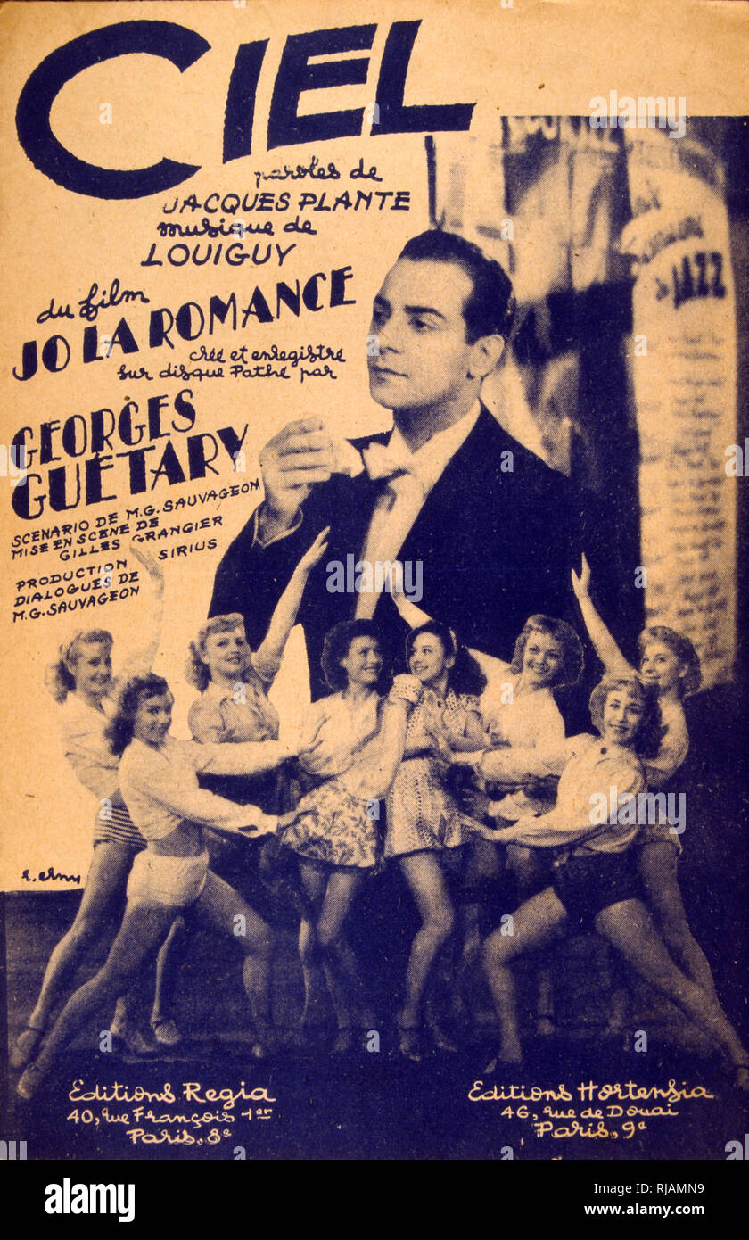 1950 Songbook Abdeckung für französische Lieder, von Georges Guetary, geboren Lambros Vorloou (1915 - 1997); französischer Sänger, Tänzer, Kabarettisten und Schauspieler, am besten bekannt für seine Rolle in dem 1951 Musical ein Amerikaner in Paris. Stockfoto