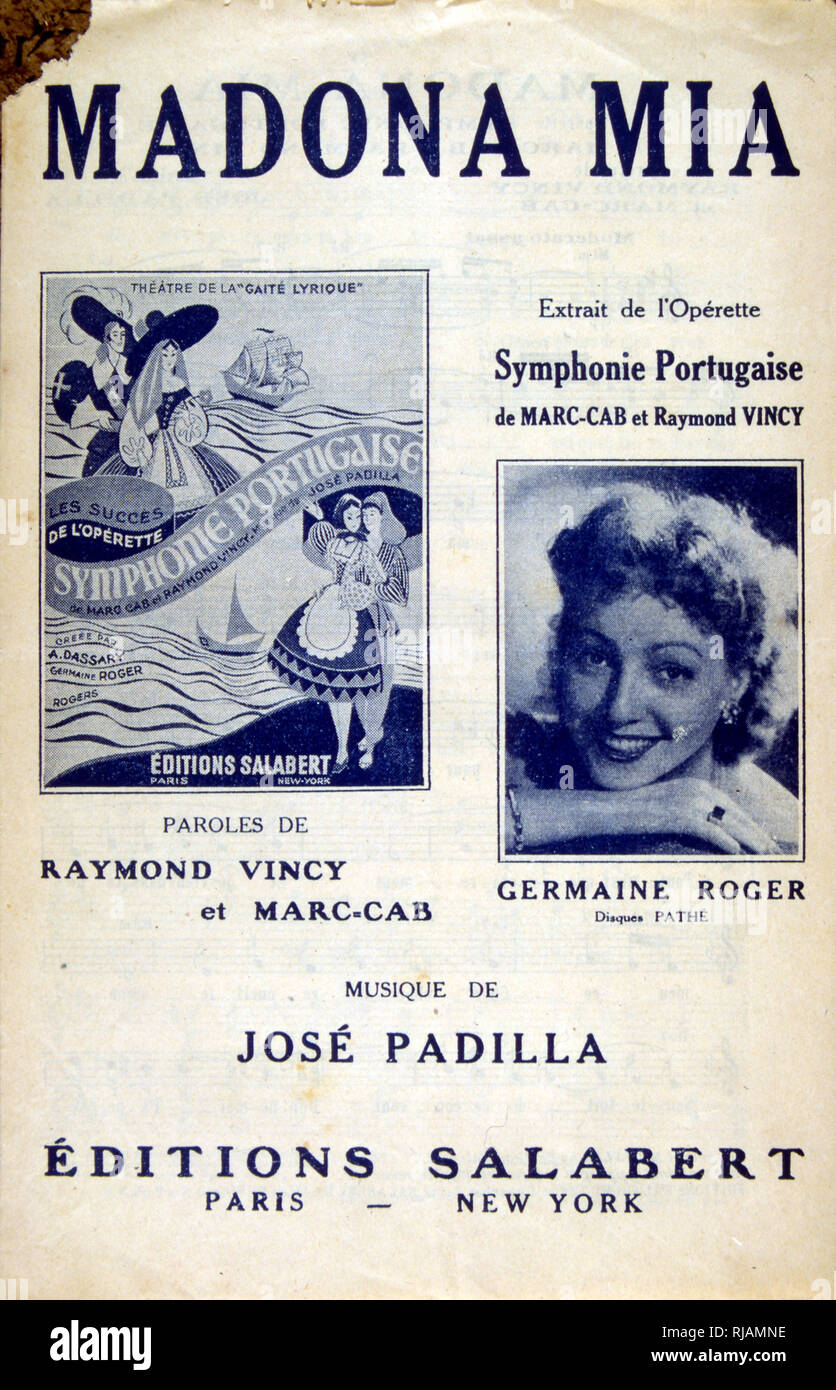 Französische songbook Abdeckung für 'Madona Mia" gesungen von Germaine Roger (1910-1975), französische Schauspielerin und Operette Sänger. Stockfoto