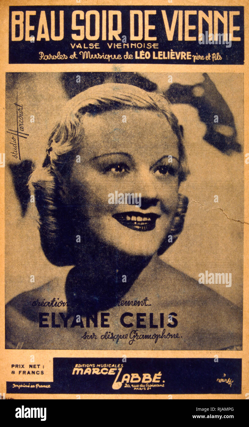 Französische songbook für 'Beau Soir de Vienne" gesungen von Elyane Celis, (1914 - 1962). Stockfoto