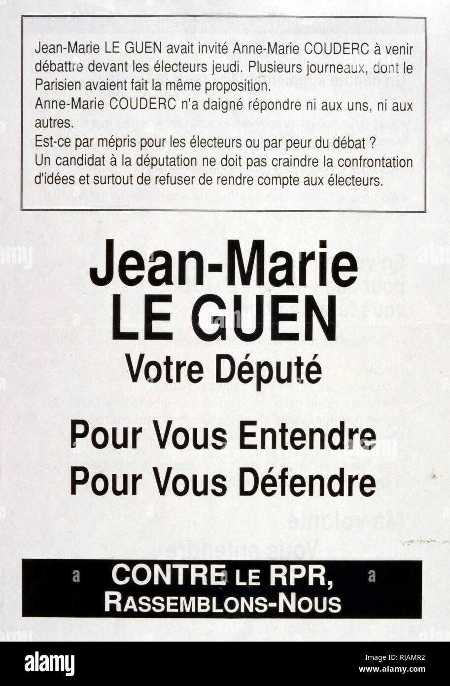 1993 Wahl Merkblatt für den französischen Politiker Jean-Marie Le Guen (3. Januar 1953 in Paris geboren); ein Arzt, der öffentlichen Gesundheit Experte und Mitglied der Nationalversammlung von Frankreich.[1] Die Stadt Paris dar, und ist Mitglied der Socialiste, radikalen, Citoyen et divers gauche. Stockfoto