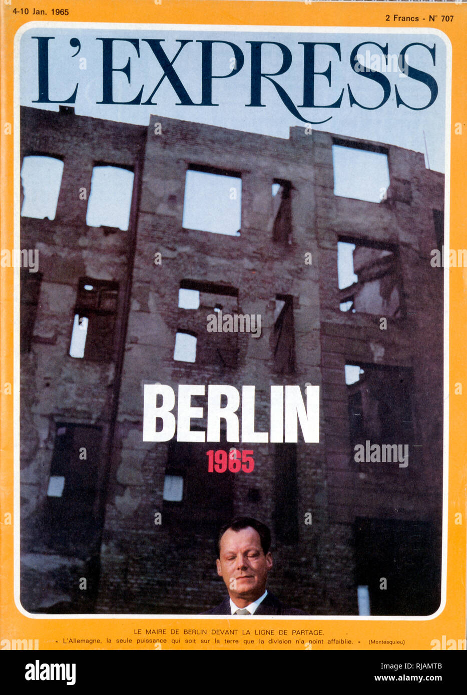 Vordere Abdeckung der Französischen Publikation "L'Express" schildert Willy Brandt (1913-1992), Bürgermeister von West Berlin und später ein wichtiger deutscher Staatsmann, war Führer der Sozialdemokratischen Partei Deutschlands (SPD) von 1964 bis 1987. Er diente als Bundeskanzler der Bundesrepublik Deutschland (West) von 1969 bis 1974 Stockfoto