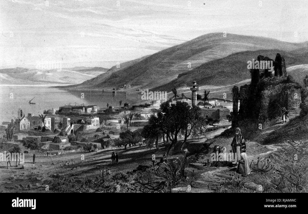 Gravierte Darstellung der Binnenschifffahrt See von Galiläa (See Tiberius) und der Stadt Tiberius. Im malerischen Palästina veröffentlicht, um 1875 Stockfoto
