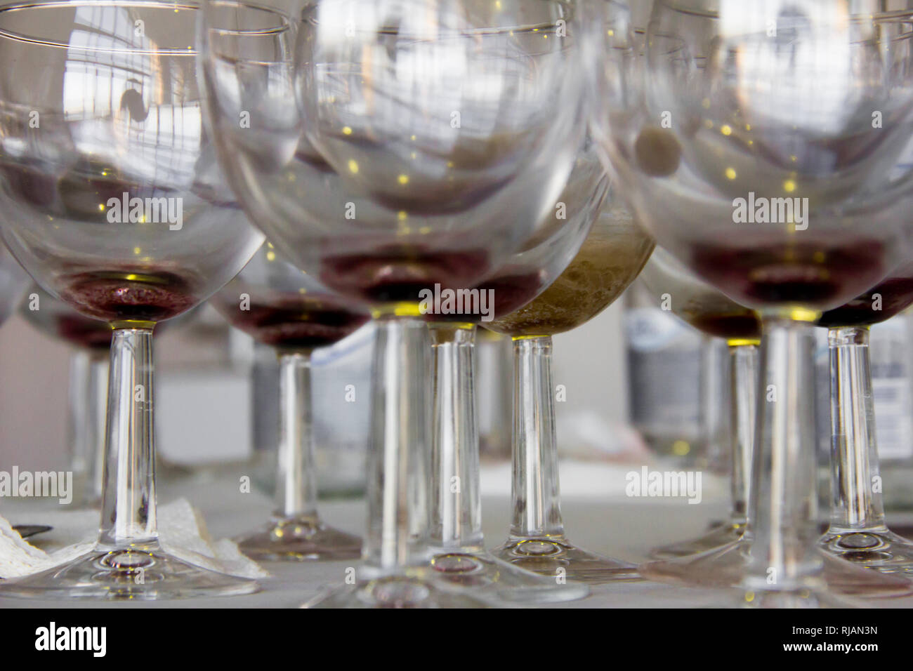 Wein Gläser und Flaschen auf der Tabelle nach der Eröffnung der Ausstellung und Präsentation. Stockfoto